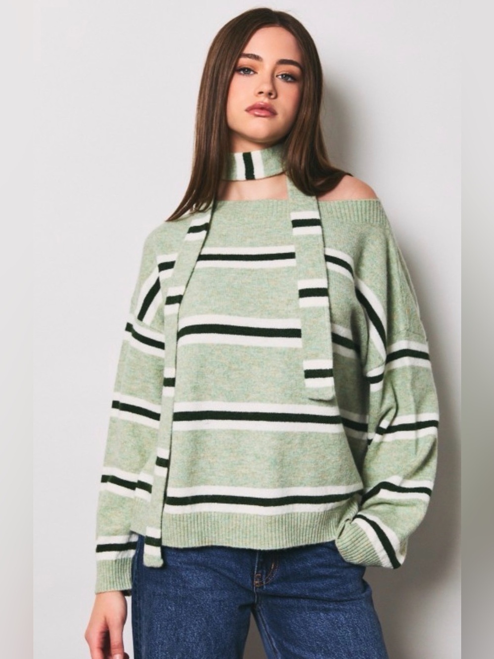 Le Lis Sage Green Striped Off-Shoulder Sweater with Neck Tie